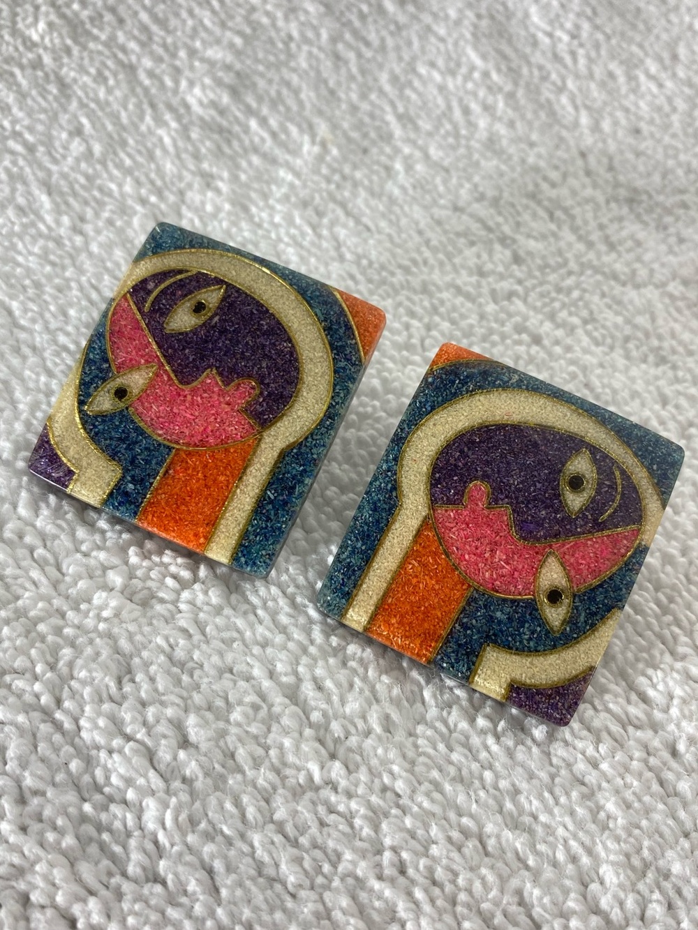 Vintage Picasso Cubist Abstract Face Crushed Stone Inlay Mosaic Square Pierced S